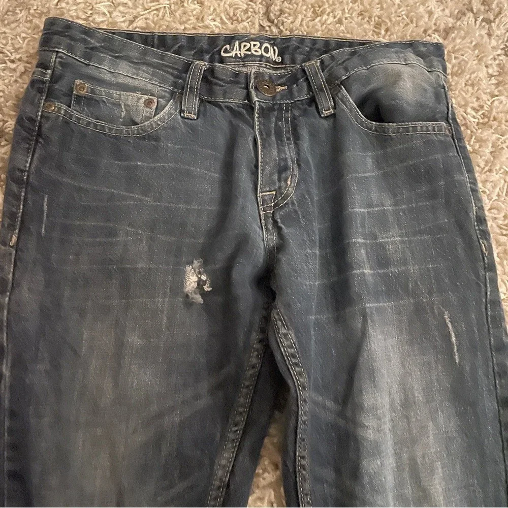 Carbon Mens Dark Wash Straight Leg Distressed Jeans‎ 28x32 Embroidered Pockets
